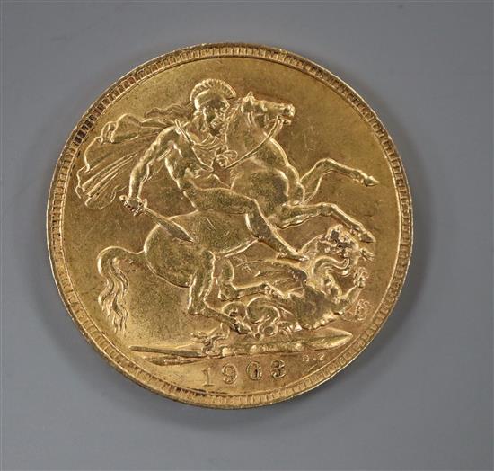 A 1903 gold full sovereign.
